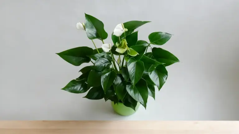 Pianta di anthurium con pochi fiori bianchi in un vaso verde su sfondo neutro
