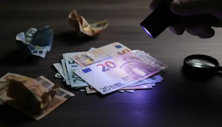 Controllo di banconote in euro con luce UV su un tavolo