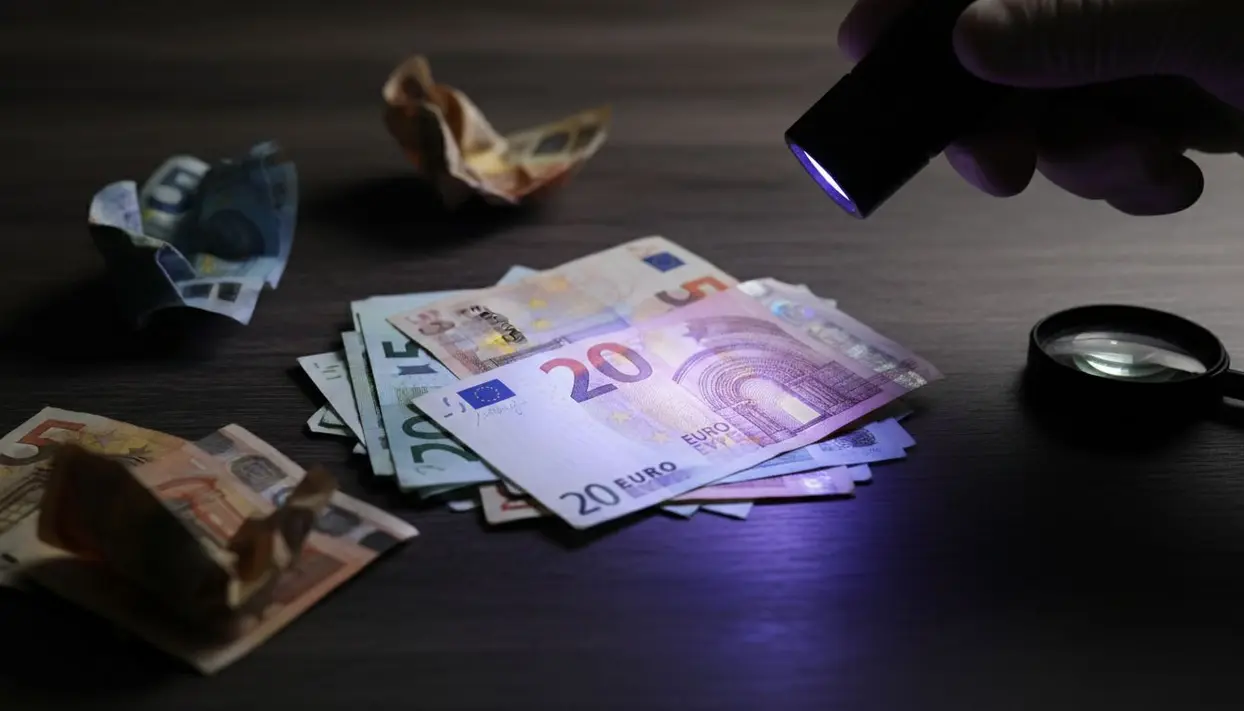 Controllo di banconote in euro con luce UV su un tavolo
