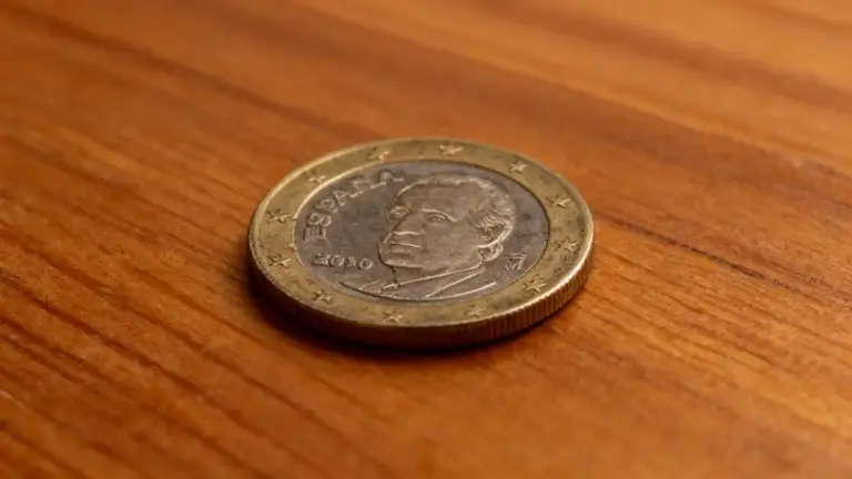 Moneta da 1 euro spagnola del 2010 su una superficie in legno