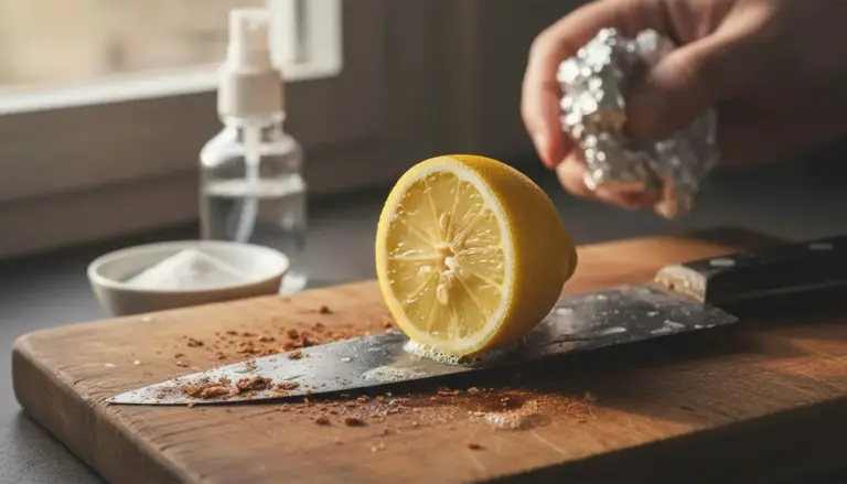 Metà limone su coltello arrugginito con mano che tiene carta stagnola su tagliere