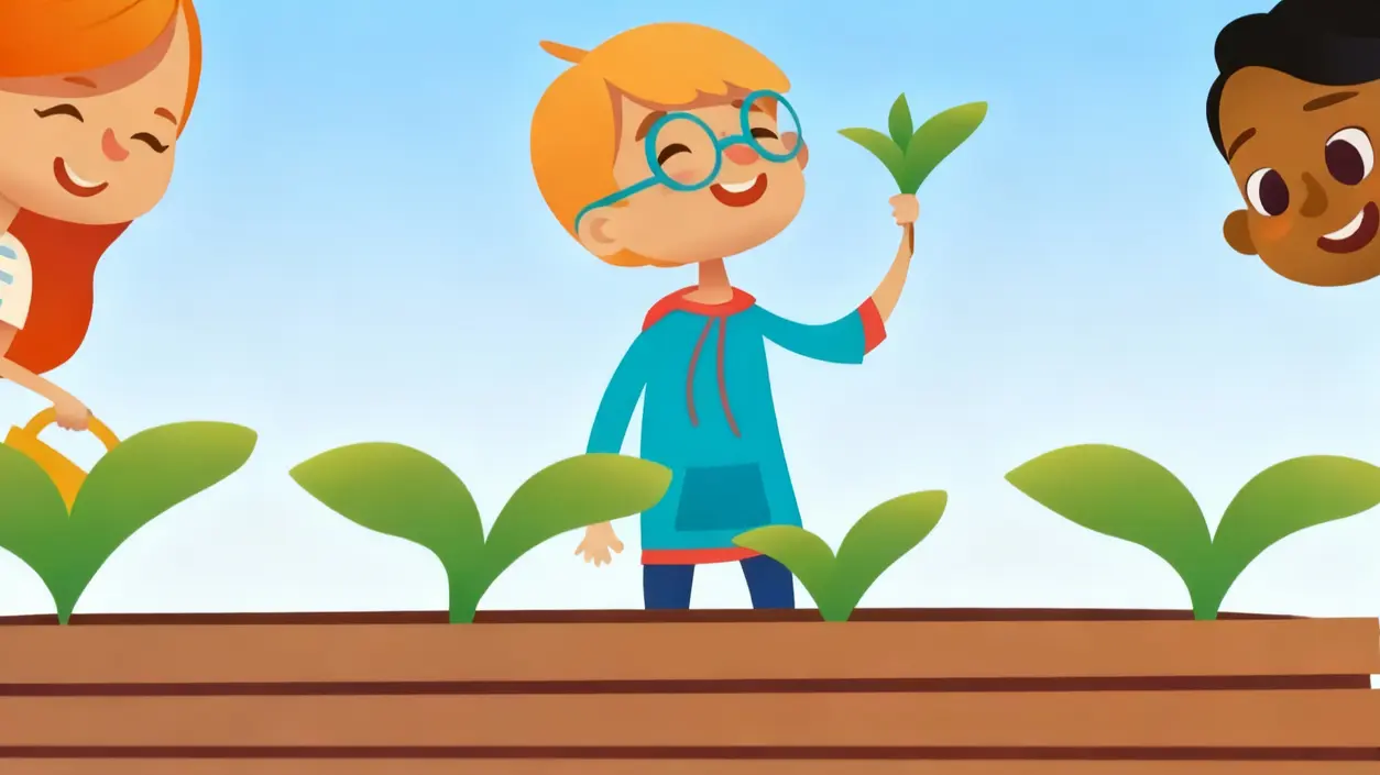 Illustrazione di bambini che curano un orto con giovani piantine