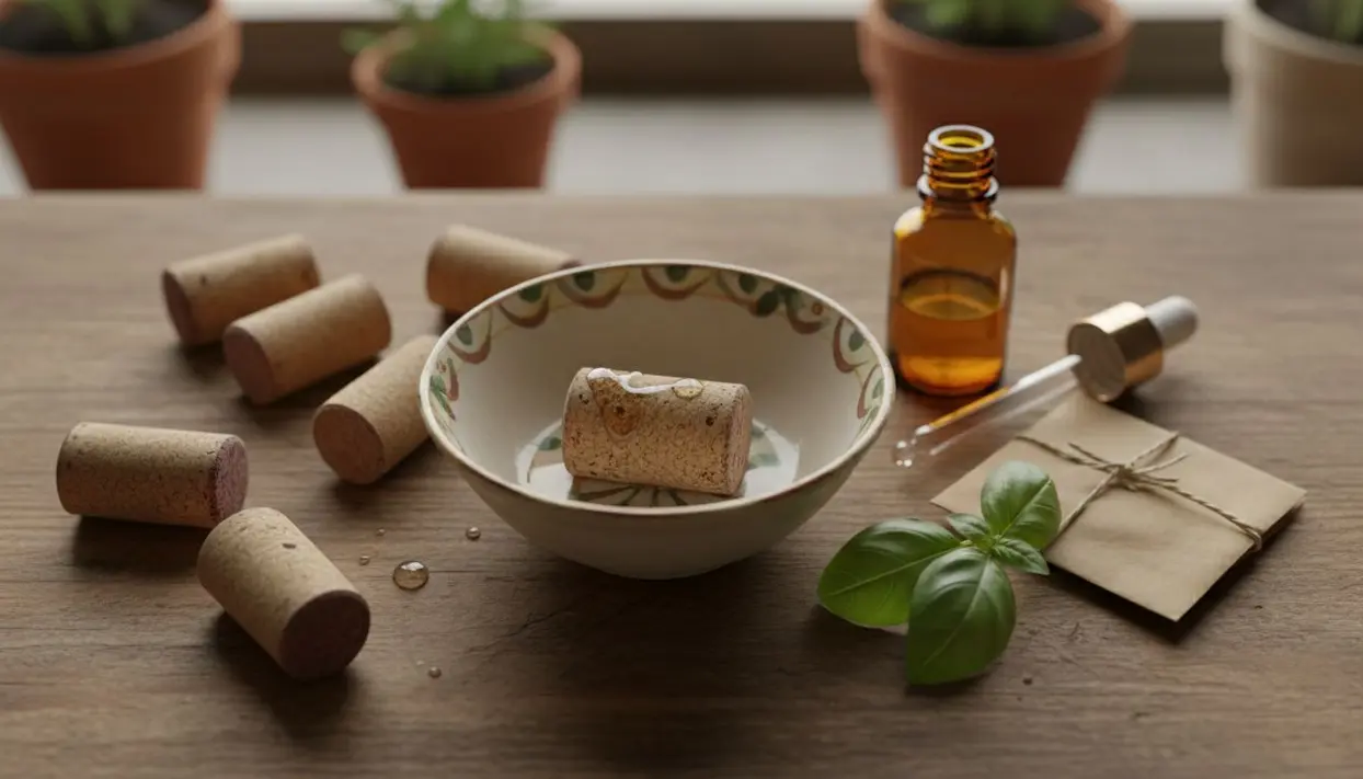 Tappi di sughero in una ciotola con olio essenziale, foglie e oggetti naturali su un tavolo