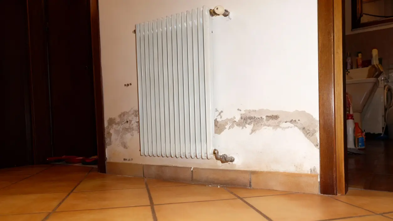 Parete con muffa e danni da umidità vicino a un termosifone in una casa