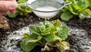 Pianta colpita da afidi trattata con miscela liquida attraverso un colino